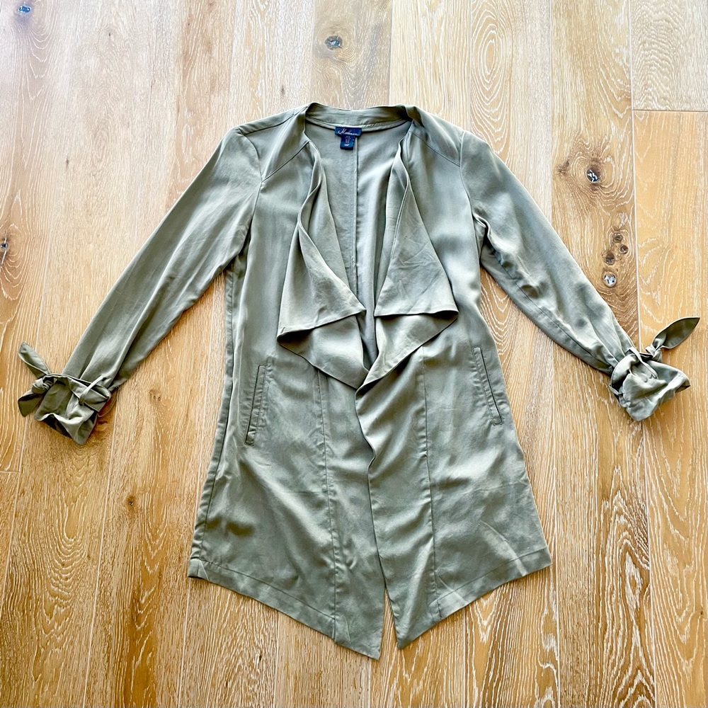 Matteson Olive Green Open Front Waterfall Collar Jacket Coat w/ Pockets Medium